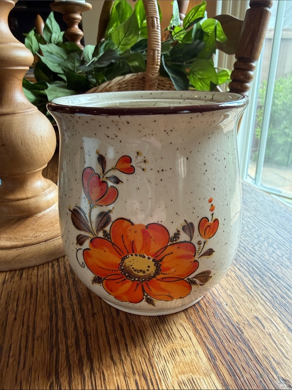 Vintage 1970s Orange Speckled Stoneware Canister  “Valencia Poppy" Made in Japan